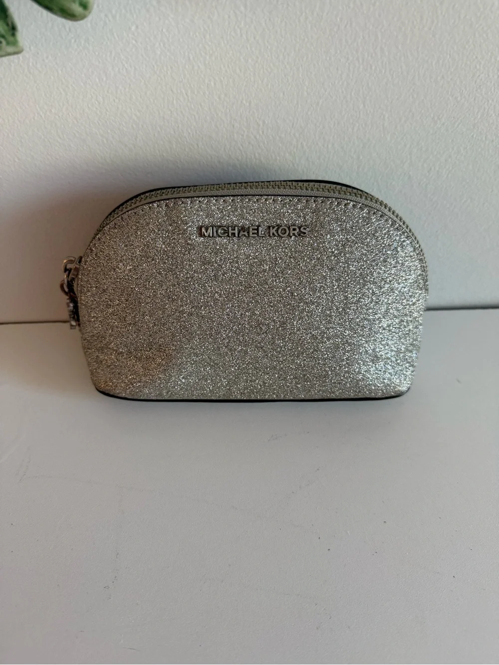 Michael Kors Silver Glitter Cosmetic Makeup Bag Travel Toiletry Zip Pouch Case